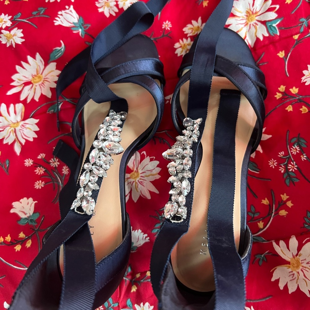 Blue Satin Heels with Rhinestone T-Strap